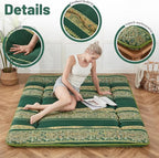 Japanese Floor Mattress, Futon Mattress with Portable Storage Bag and Washable Cover, Roll Up Thick Tatami Mat Suitable for Camping, Guest Room (Boho Green, Full)