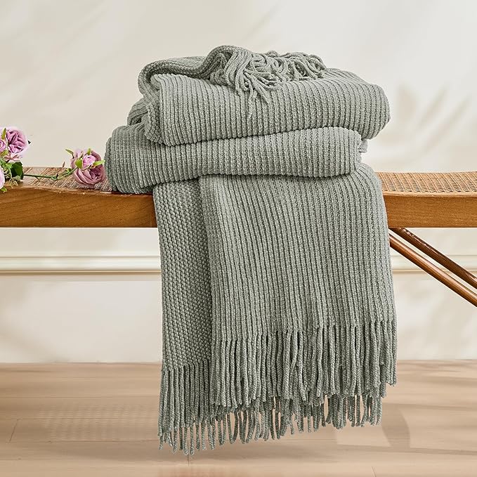 inhand Throw Blanket for Couch Bed,Chunky Chenille Woven Soft Blankets with Tassels,Cozy Boho Farmhouse Fall Winter Decor,Warm for Women,50"x60",Extra Thick-Light Grey