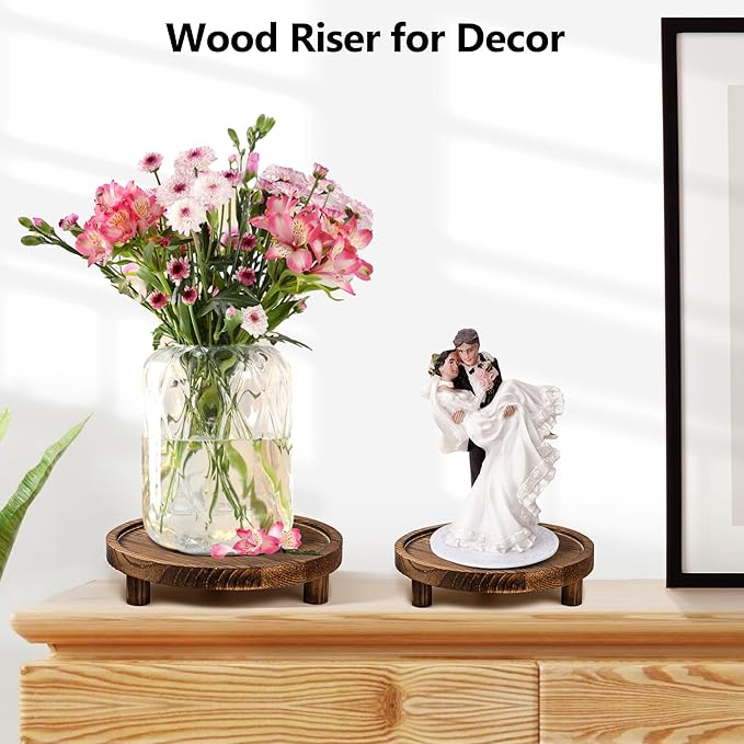 3PCS Wooden Display Stand， Rustic Whitewashed Wood Risers for Home Decor - Decorative Stackable Shelf for Plants, Candles, Books - Farmhouse Pedestal Stand (6” 8” 10”) (burning color)