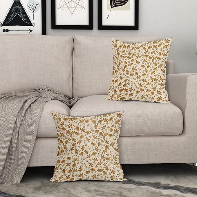 Mustard Yellow Floral Pillow Covers 16x16 Set of 2 Vintage Rustic Old Style Cute Small Flower Yellow Cream Print Decorative Outdoor Pillowcases Farmhouse Throw Cushion Case Decor for Couch Sofa Bed
