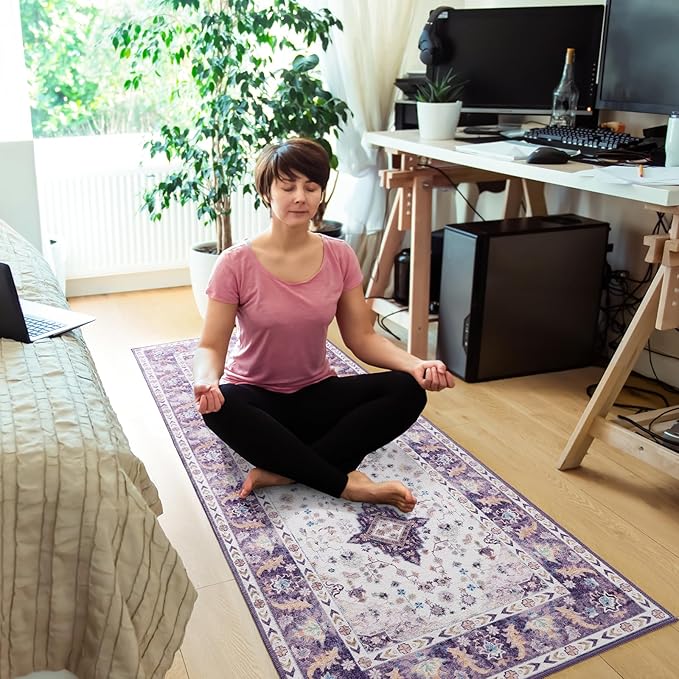 Amearea Vintage Design Area Rugs for Living Room, 2x6 Machine Washable Floral Collection Traditional Bedroom Rug, Low Pile Cute Kids Room Print Carpet, No Slip Office Kitchen Home Decor, Purple