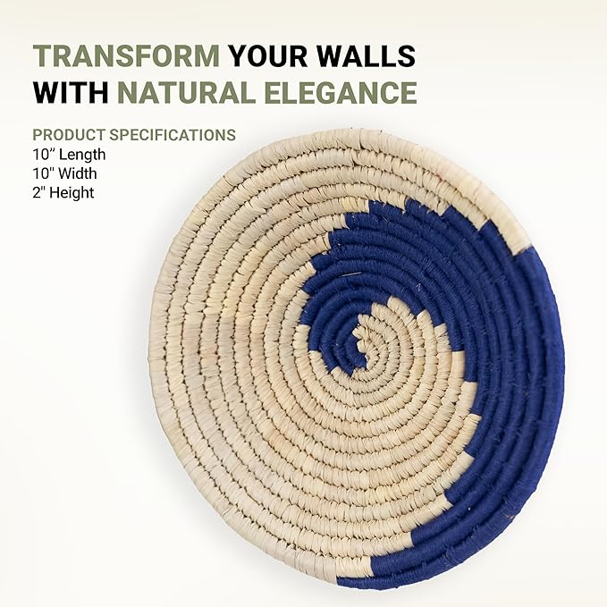 Wicker Village | Handmade Woven Wall Basket Décor | Boho Wall Art | Hanging Accent Rustic Natural Sabai Grass | Blue and Beige | Small, Medium, Large Bundle