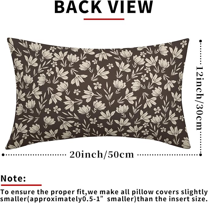 Dark Brown Pillow Covers 12x20 Set of 2 Vintage Floral Rustic Old Style Cute Flower Print Rectangle Decorative Outdoor Pillowcases Seasonal Farmhouse Throw Cushion Case Couch Sofa Bed Decor