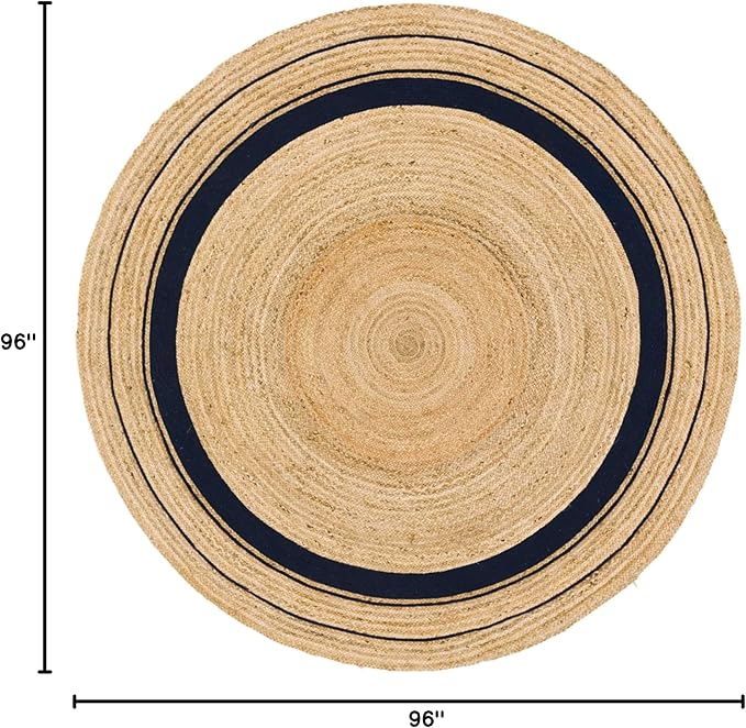 Unique Loom Braided Jute Collection Classic Quality Made Natural Hand Woven with Coastal Design Area Rug (8' 0 x 8' 0 Round, Natural/ Navy Blue)
