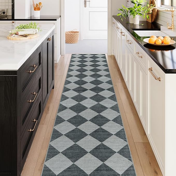 Beeiva Checkered Rug Runner for Hallways 2.5x12, Kitchen Runner Rugs Non Skid Washable Ultra Thin, Moroccan Extra Long Carpet for Bathroom Decor, Modern Plaid Carpet for Kitchen (Blue/Grey)