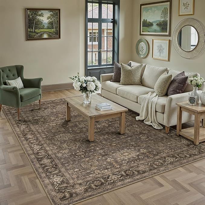6x9 Washable Area Rug for Living Room Bedroom Vintage Brown Carpet Soft Low Pile Traditional Retro Non Slip Throw Rug for Dining Room Entryway Indoor Dorm Kitchen