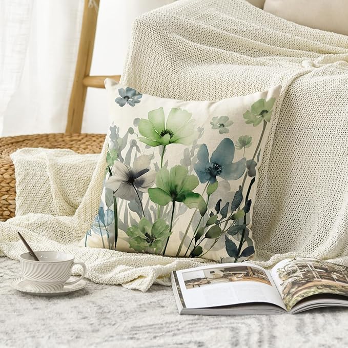 AVOIN colorlife Poppy Flowers Chinoiserie Fall Throw Pillow Cover, 18 x 18 Inch Blue Sage Green Seasonal Leaves Cushion Case Decoration for Sofa Couch Farmhouse