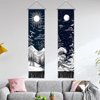 AOHMPT Pack of 2 Long Vertical Tapestry,Nature Landscape Tapestry with Serene Mountain River, Moon & Sun Motifs,Traditional Ink Painting Wall Art,Zen Aesthetic Wall Hanging for Living Room Bedroom Decor 13" W x 51" H"