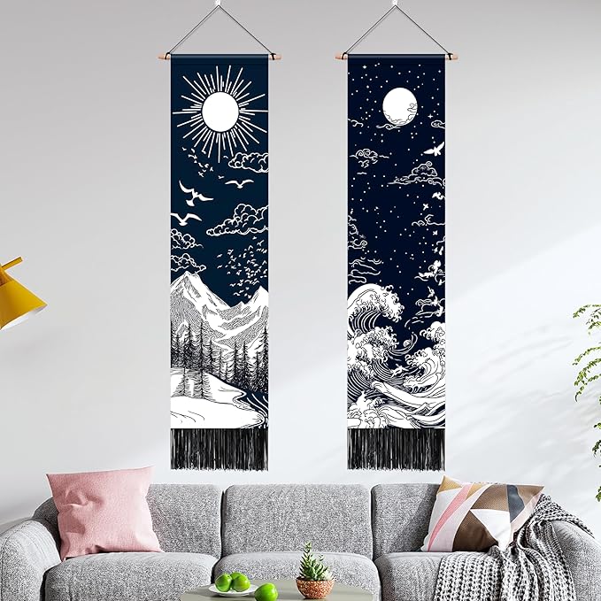 AOHMPT Pack of 2 Long Vertical Tapestry,Nature Landscape Tapestry with Serene Mountain River, Moon & Sun Motifs,Traditional Ink Painting Wall Art,Zen Aesthetic Wall Hanging for Living Room Bedroom Decor 13" W x 51" H"