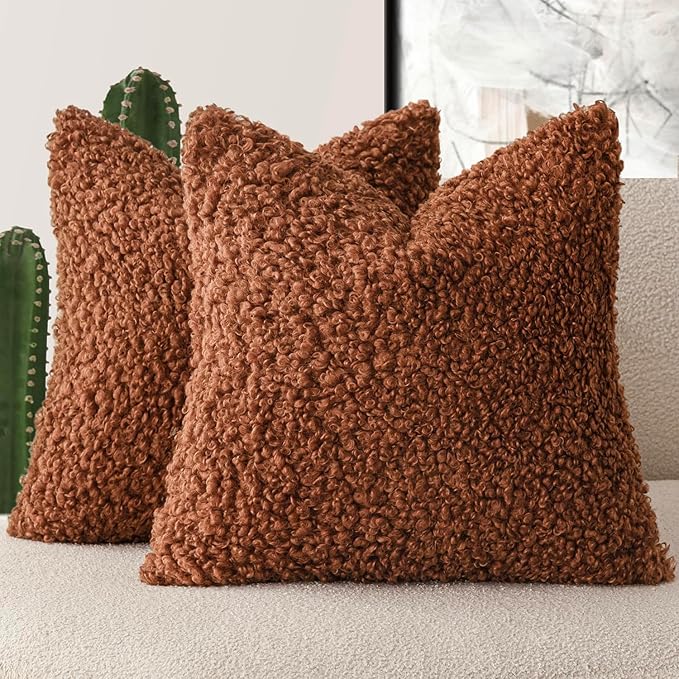 Foindtower 2 Pieces 16x16 Inch Hazel Brown,Faux Fur Throw Pillow Cover Accent Sherpa Furry Pillow Covers Fuzzy Soft Pillowcases Cozy Sheepskin Decorative Fleece Cushion Case for Bed Couch Living Room
