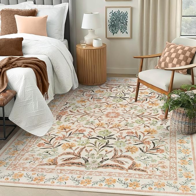 Lahome Sylvie Fall Floral Washable Area Rugs 8x10, Boho Living Room Large Rugs Non-Slip for Bedroom, Soft Rubber Backed Burnt Orange Carpet for Dining Playroom Decor, Ochre Fall