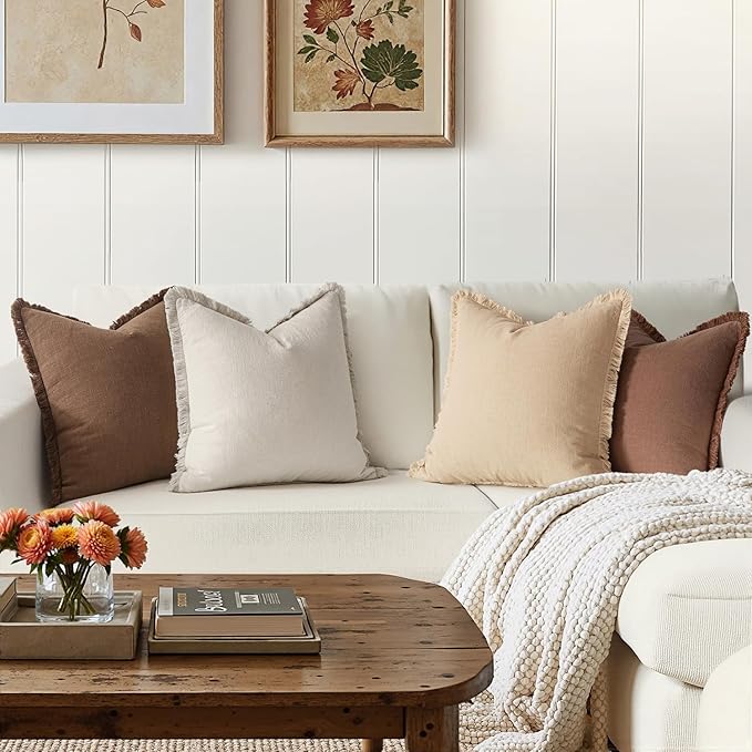 MIULEE Decorative Couch Pillow Covers Neutral Linen Fringe Throw Pillows Set of 4 Accent Rustic Cushions Boho Farmhouse Pillowcases for Bed Sofa Living Room Spring Home Decor 20x20 Inch Beige/Brown