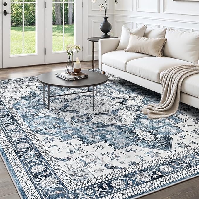 Lessymo 9×12 Area Rugs Washable for Living Room, Large Soft Indoor Rug Non-Slip for Bedroom Kitchen Dining Room Dorm Nursery, Vintage Boho Carpet Stain Resistant for Office Home Decor, Blue/White