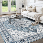 Lessymo 9×12 Area Rugs Washable for Living Room, Large Soft Indoor Rug Non-Slip for Bedroom Kitchen Dining Room Dorm Nursery, Vintage Boho Carpet Stain Resistant for Office Home Decor, Blue/White