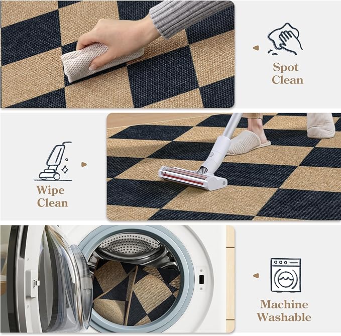 Lanffia Checkered Easy Jute Outdoor Rug, Black 3x5 Entryway Rugs for Living Room, Diamond Washable Indoor Outdoor Carpet, Neutral Non Slip Stain Resistant Front Door Carpet for Porch Patio
