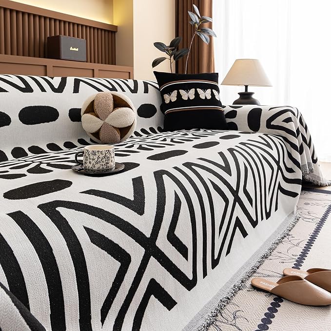 VClife Bohemian Couch Cover Western Aztec Sofa Cover for 3-4 Cushion Couch Sofa Washable Chenille Sofa Slipcover Boho Non Slip White Black Geometric Couch Slip Cover for Sectional Sofa 71''x150''