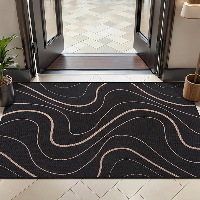 Tangsoo Easy Jute 2x4 Small Throw Rug for Entry,Washable Thin Indoor Outdoor Mat,Black Lines Non-Slip Floor Small Modern Carpet for Entryway Kitchen Hallway Bedroom Front Porch