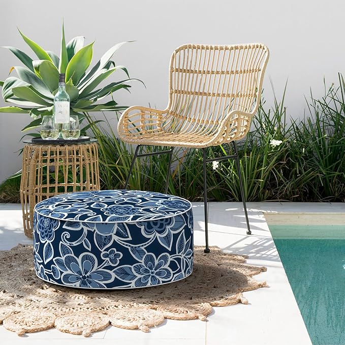 Indoor/Outdoor Inflatable Ottoman D21 x H9 inch, Round Footstool Inflatable Foot Rest Ottomans with Handle, Portable Ottoman Pouf for Patio, Garden, Camping, Home,Flower Navy