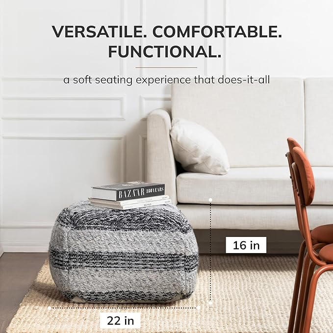 Anji Mountain Pouf Ottoman Foot Rest, Handmade Ottoman Pouf, Comfortable Foot Stool, Decorative Floor Seating for Living Room Decor, Bedroom & Home Décor Accent - Basalt Loom