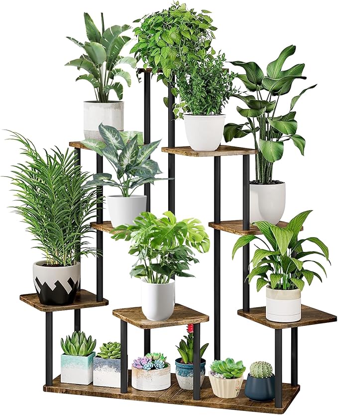 9 Tier Plant Stand Indoor, Thickened Metal Wood Corner Plant Shelf Stands for Multiple Plants, Indoor Tall Plants Stand Tiered Flower Holder for Living Room Patio Garden Balcony(Black+Brown)