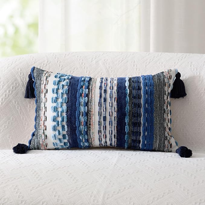 Kevin Textile Spring 12x20 Inch Lumbar Throw Pillow Cover 1 Pack Boho Decorative Soft Chenille Thread Woven Tufted Textured Rectangle Cushion Case Farmhouse Accent for Living Room Couch Sofa Bed, Blue