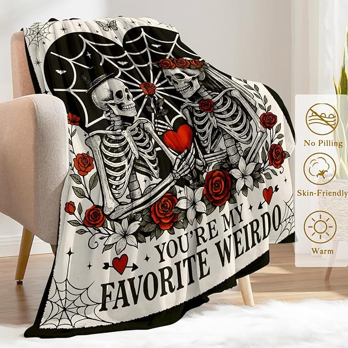 Valentine’s Day Decorative Throw Blanket Gifts for Him Her, Gothic Skeleton Couple Decoration Halloween Wedding Gift for Wife, Husband,Romantic Decor, Gift for Boyfriend Girlfriend,40x50 Inch