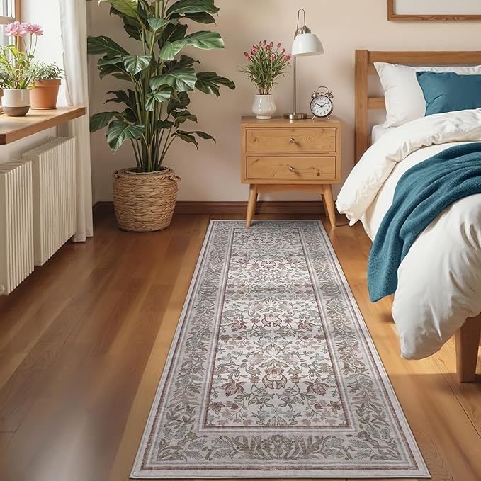 GarveeHome Runner Rugs 2x6 Kitchen Runner Rug Non Slip Washable Runners for Hallways, Boho Vintage Rugs with Rubber Backing Low-Pile Indoor Carpet for Entryway Bedroom Beige Pink