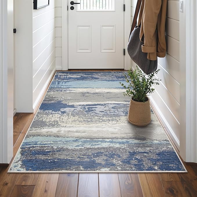 GENIMO 5X7 Washable Modern Area Rugs for Living Room, Non-Slip Low Pile Chenille Print Rug, Soft Rugs for Bedroom Dining Room Home Office, Indigo Drift