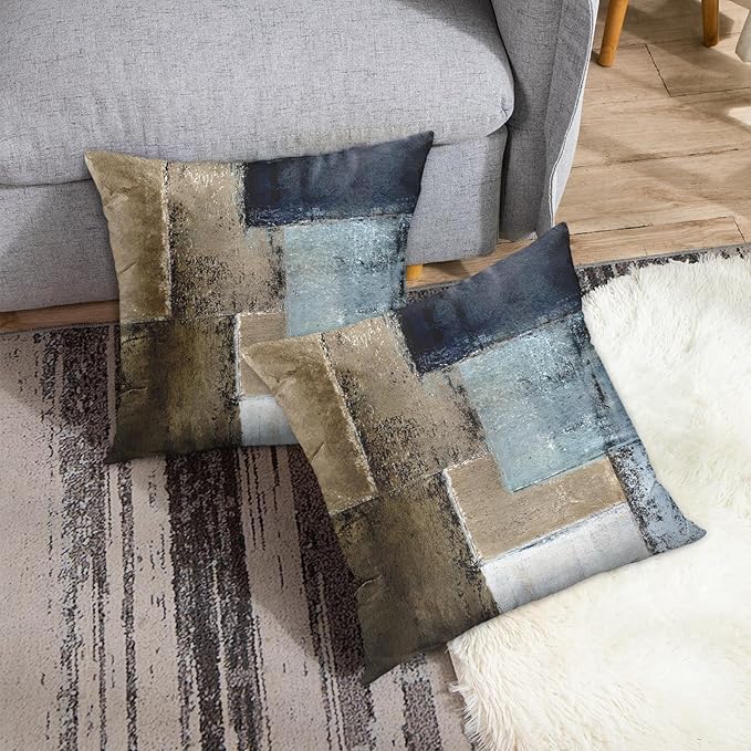 Emvency Set of 2 Brown and Navy Blue Throw Pillow Covers Modern Abstract Painting Decorative Sofa Pillow Cases Home Decor Standard Square 18x18 Inches Pillowcases