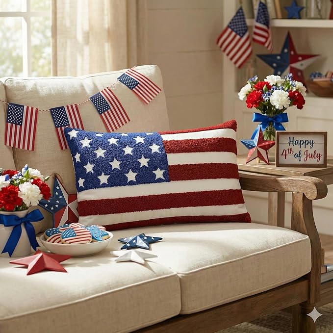 AVOIN colorlife 4th of July Patriotic Striped Star Flag Embroidered Throw Pillow Cover, 12 x 20 Inch Independence Day Decor Tufted Patterned Linen Cushion Case for Sofa Couch