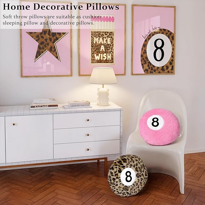 Dripykiaa Pink 8 Ball Throw Pillow, 14" Pink 8 Ball Round Plush Decorative Throw Pillow, Soft Aesthetic Cushion for Bedroom & Living Room, Trendy Pink Room Decor for Women & Teens