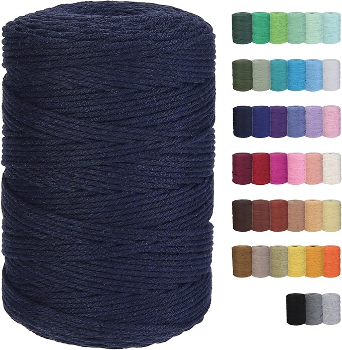 Cotton Macrame Cord 3mm 328yards Natural Colored Macrame Supplies, Soft Craft Cotton Rope for Plant Hanger Wall Hanger Dreamcatcher (Denim)