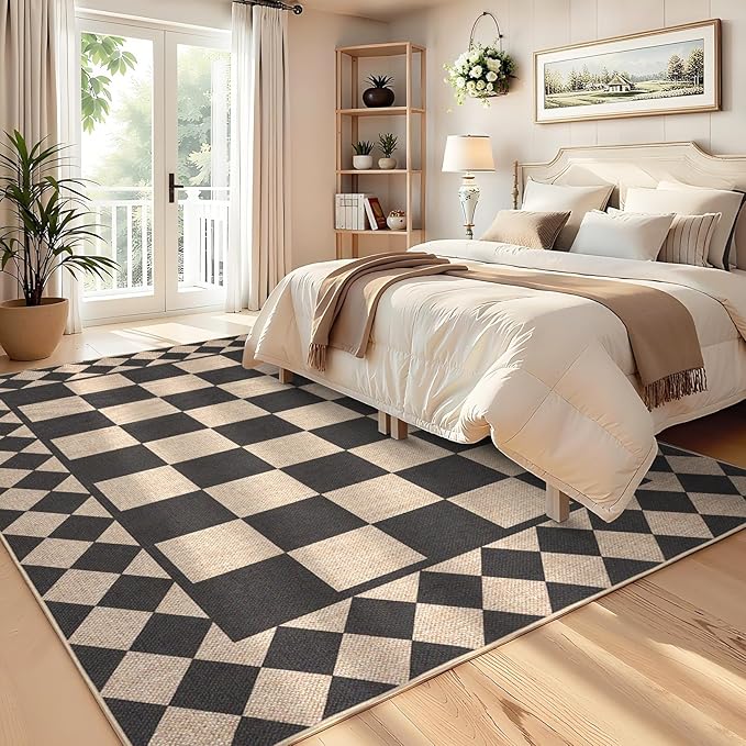 GarveeHome Easy Jute Area Rug 5x7 Washable Rugs for Living Room Patio Checkered Indoor Outdoor Rug Farmhouse Non-Slip No Shed Jute Rugs Geometric Carpet for Backyard Entryway Bedroom, Natural