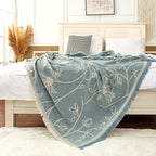 LALIFIT Boho Chic Decorative Throw Blanket Vintage Woodland Floral Bird Design with Tassels Soft Cotton Lightweight & Cozy for Home, Couch, Sofa, Farmhouse 50x60 Inches (Sky Blue)