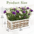 Artificial Rose Flowers with Woven Basket, Faux Roses in Fake Rattan Planter for Table Centerpiece, Romantic Floral Arrangement for Home Bathroom Office Desk Spring & Rustic Decor, Cream White Purple