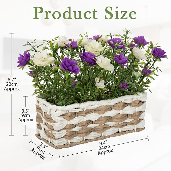 Artificial Rose Flowers with Woven Basket, Faux Roses in Fake Rattan Planter for Table Centerpiece, Romantic Floral Arrangement for Home Bathroom Office Desk Spring & Rustic Decor, Cream White Purple