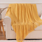 BATTILO HOME Mustard Throw Blanket with Fringe Geometric Bed Yellow Throws Summer Breathable Decorative Large Throw for Couch Sofa Indoor Outdoor (Yellow, 50"x60")