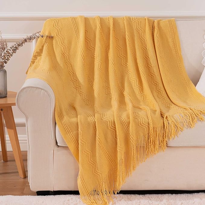 BATTILO HOME Mustard Throw Blanket with Fringe Geometric Bed Yellow Throws Summer Breathable Decorative Large Throw for Couch Sofa Indoor Outdoor (Yellow, 50"x60")