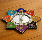Octagon Sunburst Wall Mirror - Colorful Geometric Boho Circle Mirror Art, Small Decorative Vintage Accent for Living Room Decor, Wood & Acrylic（2D Printed）