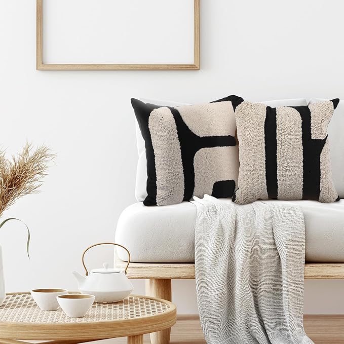 Oudain 2 Pcs Black and White Tufted Pillow Covers Boho Chunky Geometric Decorative Throw Pillow Case 18 x 18 Inches Abstract Pillowcases for Bed Couch(White, Black, Classic Style)