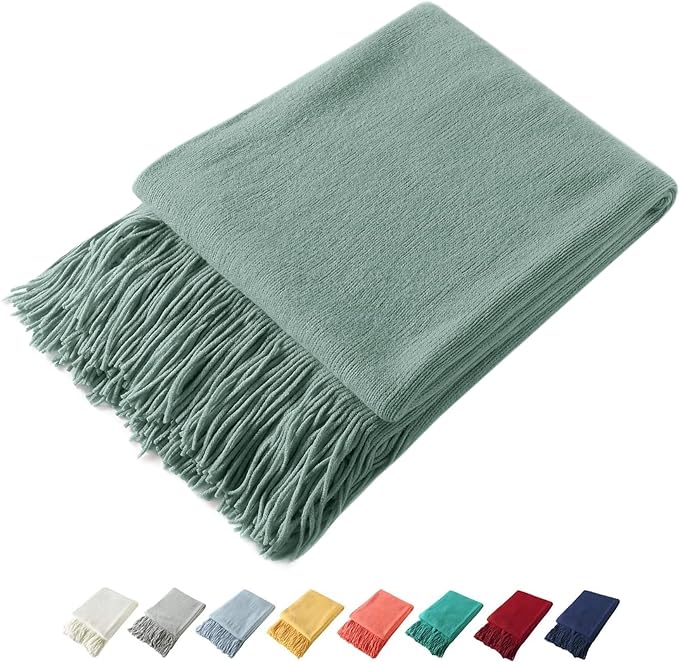 Homiest Decorative Knitted Throw Blanket with Fringe, Lightweight Acrylic Knit, Soft & Cozy Tassel Blanket for Couch, Sofa, Bed (Sage Green, 50 x 60 Inch)