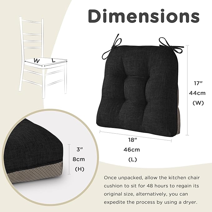 AddGrace Chair Cushions for Dining Chairs Set of 4 Kitchen Seat Cushions with Ties and Non Slip Backing Tufted Indoor Seat Pad for Kitchen Dining Room 18" x 17" x 3" Black