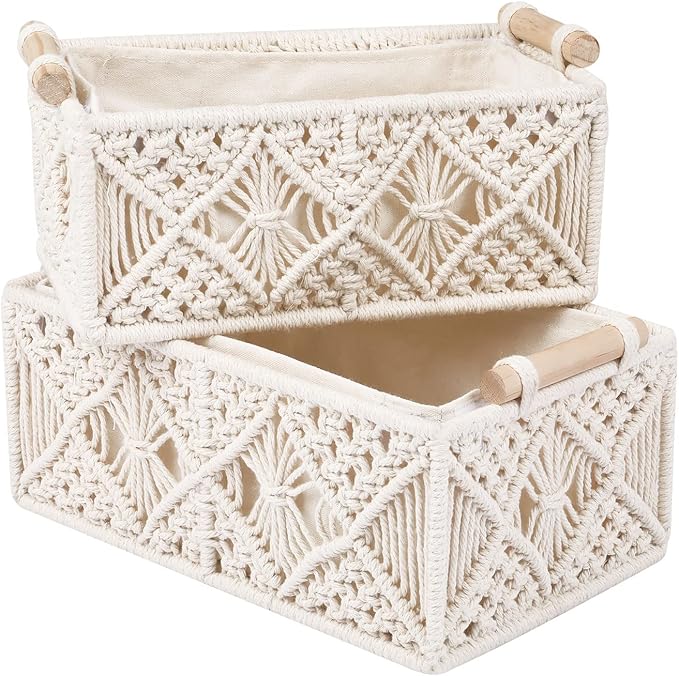 ANMINY 5PCS Macrame Storage Baskets for Organizing Boho Decor Baskets Storage Bins with Wood Handles Handmade Decorative Storage Boxes with Removable Liner Toilet Tank Bathroom Self Basket Organizer