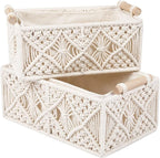 ANMINY 5PCS Macrame Storage Baskets for Organizing Boho Decor Baskets Storage Bins with Wood Handles Handmade Decorative Storage Boxes with Removable Liner Toilet Tank Bathroom Self Basket Organizer