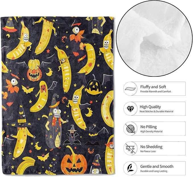 Spooky Banana Throw Blanket - 60x80in,Ultra Soft, Cozy Lightweight Flannel,Pumpkin & Bat Holiday Blankets - Gifts for Women & Nature Lovers,For Halloween Couch Home Living Room Festive Decor