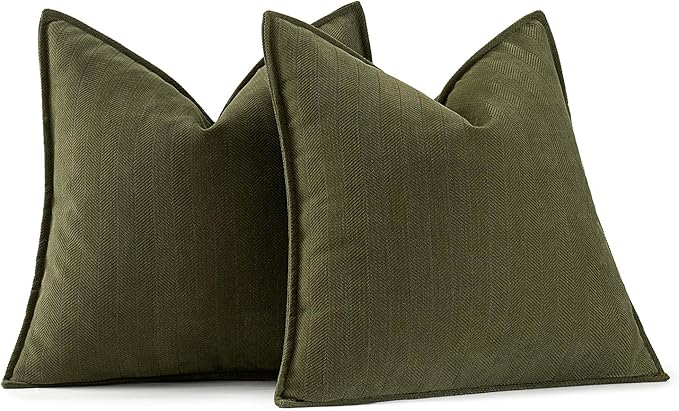 MIULEE Pack of 2 Olive Green Decorative Pillow Covers 22x22 Inch Soft Chenille Luxurious Couch Throw Pillows Boho Cushion Covers Euro Shams with Elegant Design for Sofa Bed Living Room Home Decor