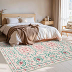 Pink Rug for Living Room Bedroom, Floral 5x7 Washable Rugs, Vintage Boho Style, Large Non Slip Flower Carpet for Indoor Dining Room, Girls Room and Nursery(Pink/Green 5x7ft)