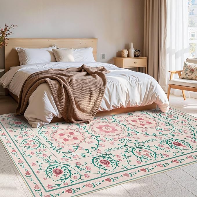 Pink Rug for Living Room Bedroom, Floral 5x7 Washable Rugs, Vintage Boho Style, Large Non Slip Flower Carpet for Indoor Dining Room, Girls Room and Nursery(Pink/Green 5x7ft)