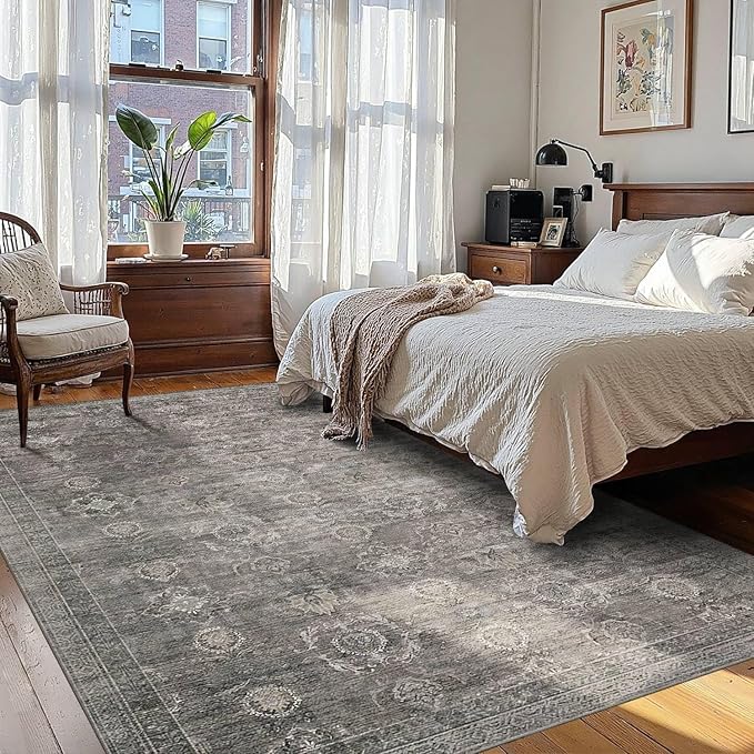 Area Rugs 5x7 for Living Room Bedroom, Grey Washable Rug, Vintage Retro Boho Rug, Non Slip & Low Pile Faux Wool Thin Carpet for Indoor Dining Room, Dorm and Kids Room(Taupe/Grey 5x7ft)