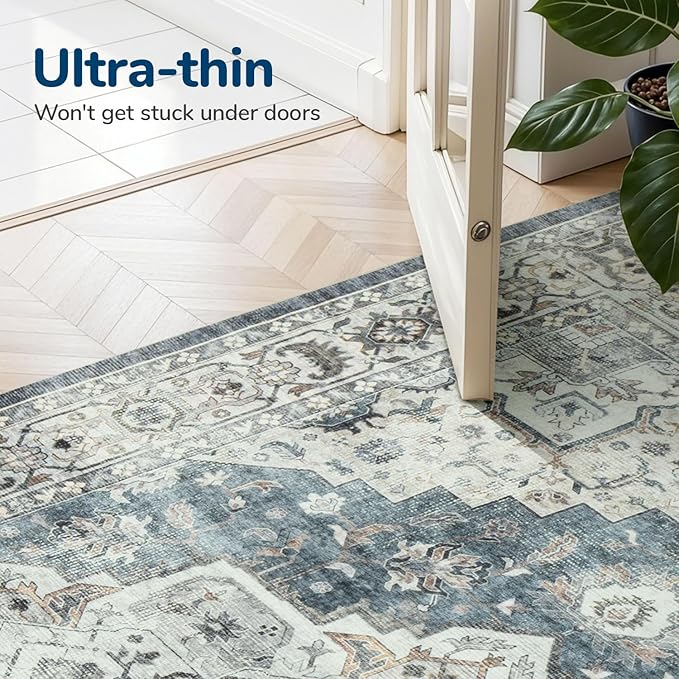 Lessymo Large Area Rugs for Living Room, Soft 6x9 Washable Rug for Bedroom Dining Room Nursery Room Farmhouse, Boho Non Slip Low Plie Carpet Vintage Floral Design, Blue Grey/Beige